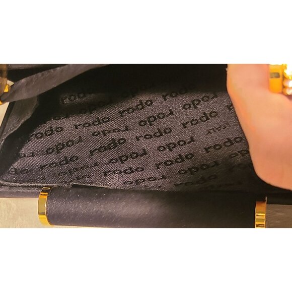 VINTAGE RODO Italy Black Satin Evening Clutch Rhinestone Crystal Clasp Minaudier - Picture 8 of 16
